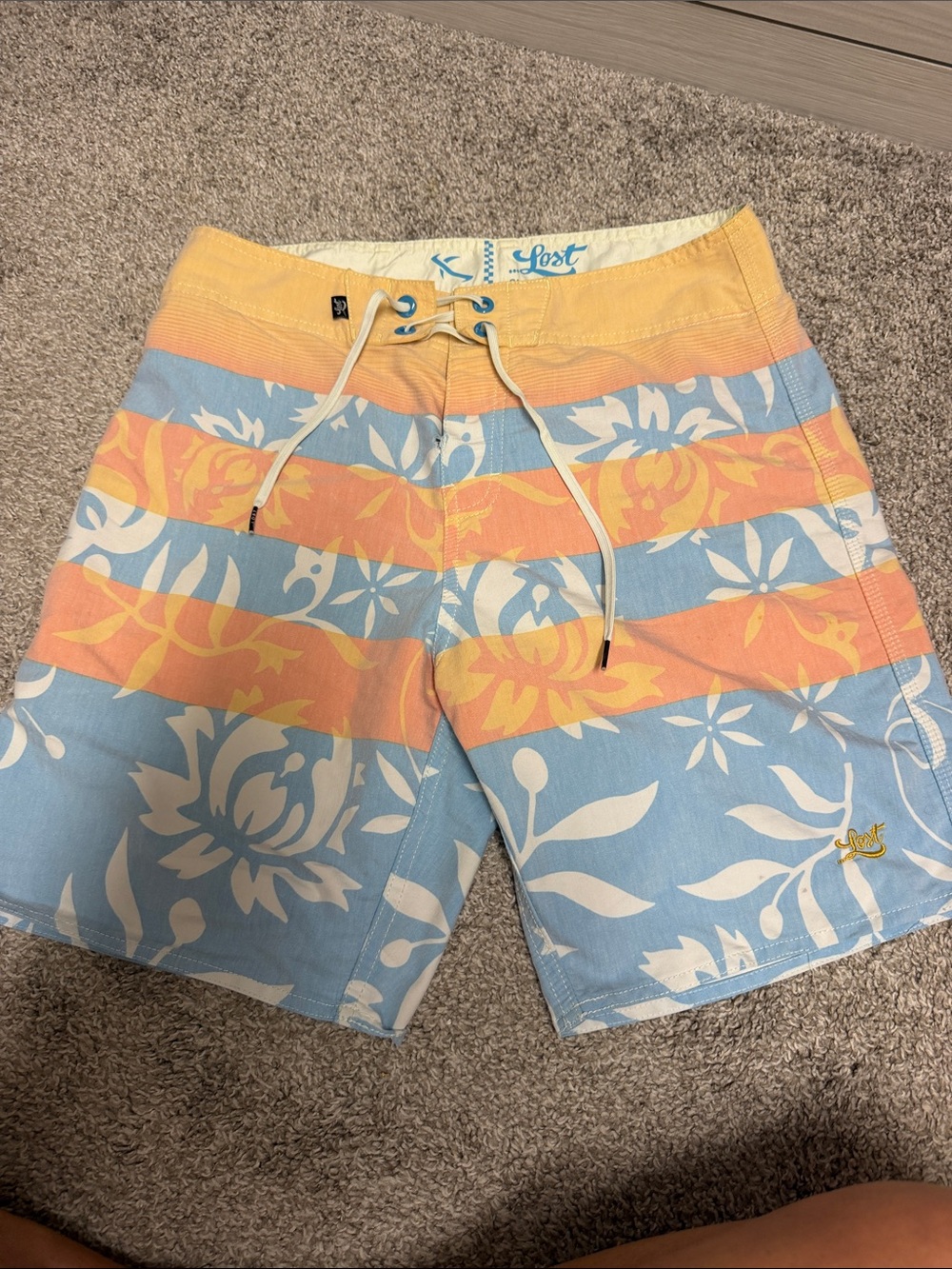 Vintage Lost Men's Floral Stripe Swim Shorts - Light Blue, Yellow & Peach